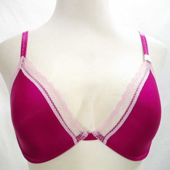 34C Calvin Klein QF1418 Signature Unlined Plunge Underwire Bra Raspberry Pink NW - Picture 1 of 7